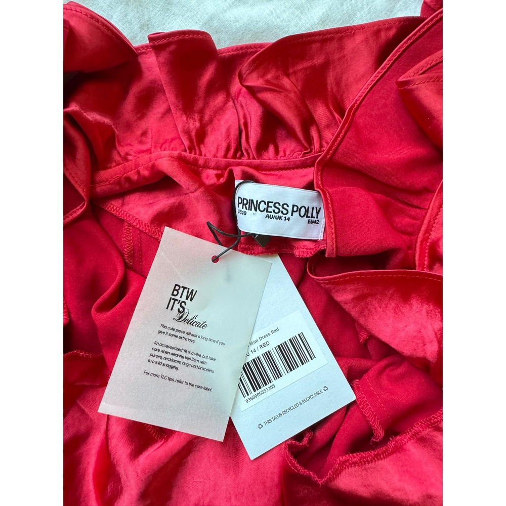 Princess Polly Butacup Frill Mini Dress Red Satin Ruffle V-Neck US 10 NWT - Picture 4 of 7